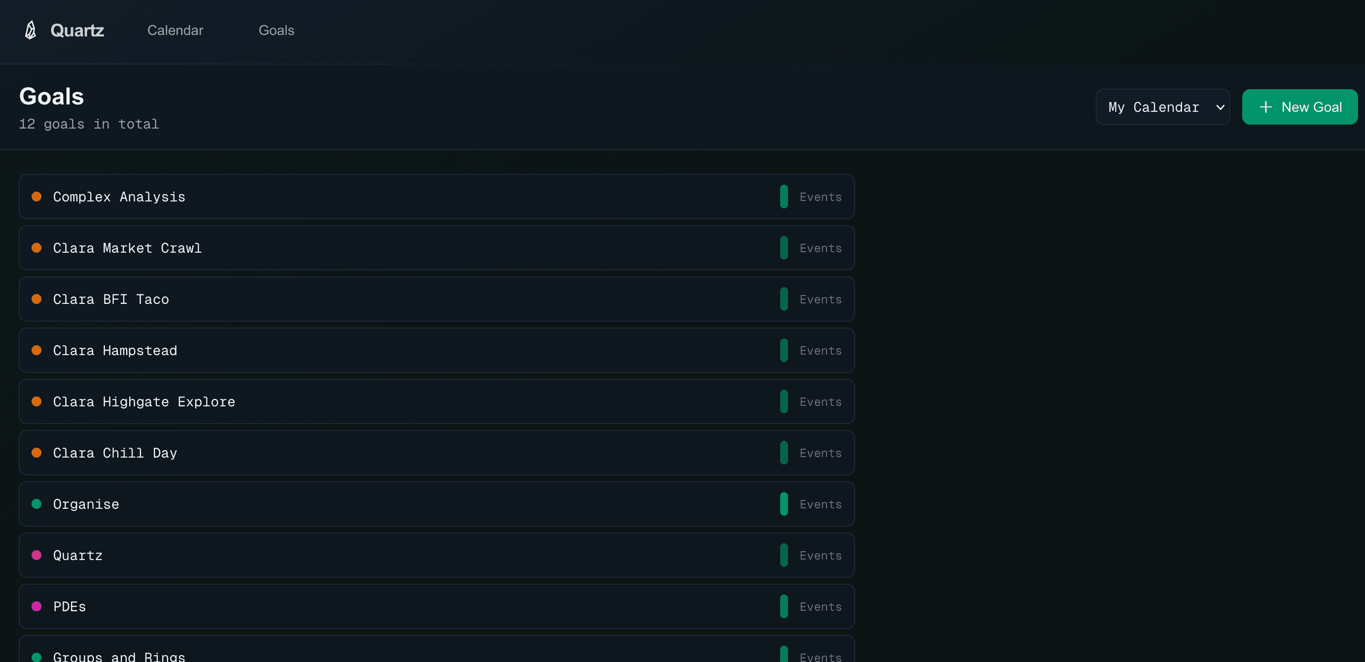 Goal planning view showing a list of goals with progress